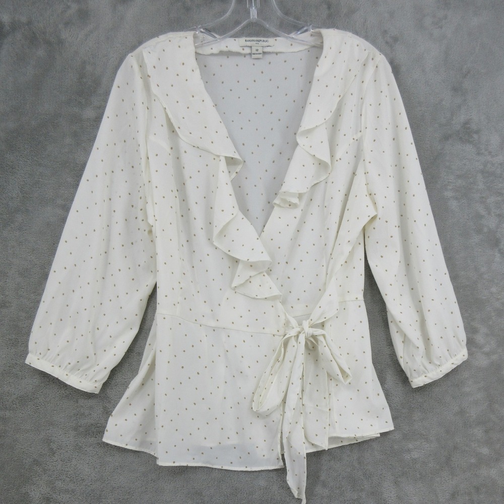 Banana Republic Blouse Womens Size 12 Polka Dot Wrap Side Tie Ruffle Retro White